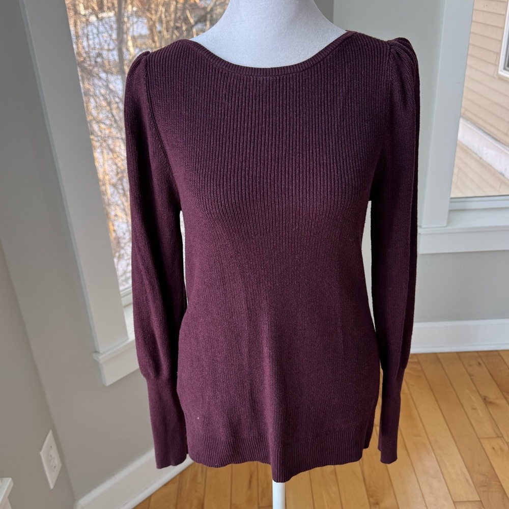 LOFT Burgundy Wine Dark Red Ribbed Cotton Crewneck Sweater Size Small